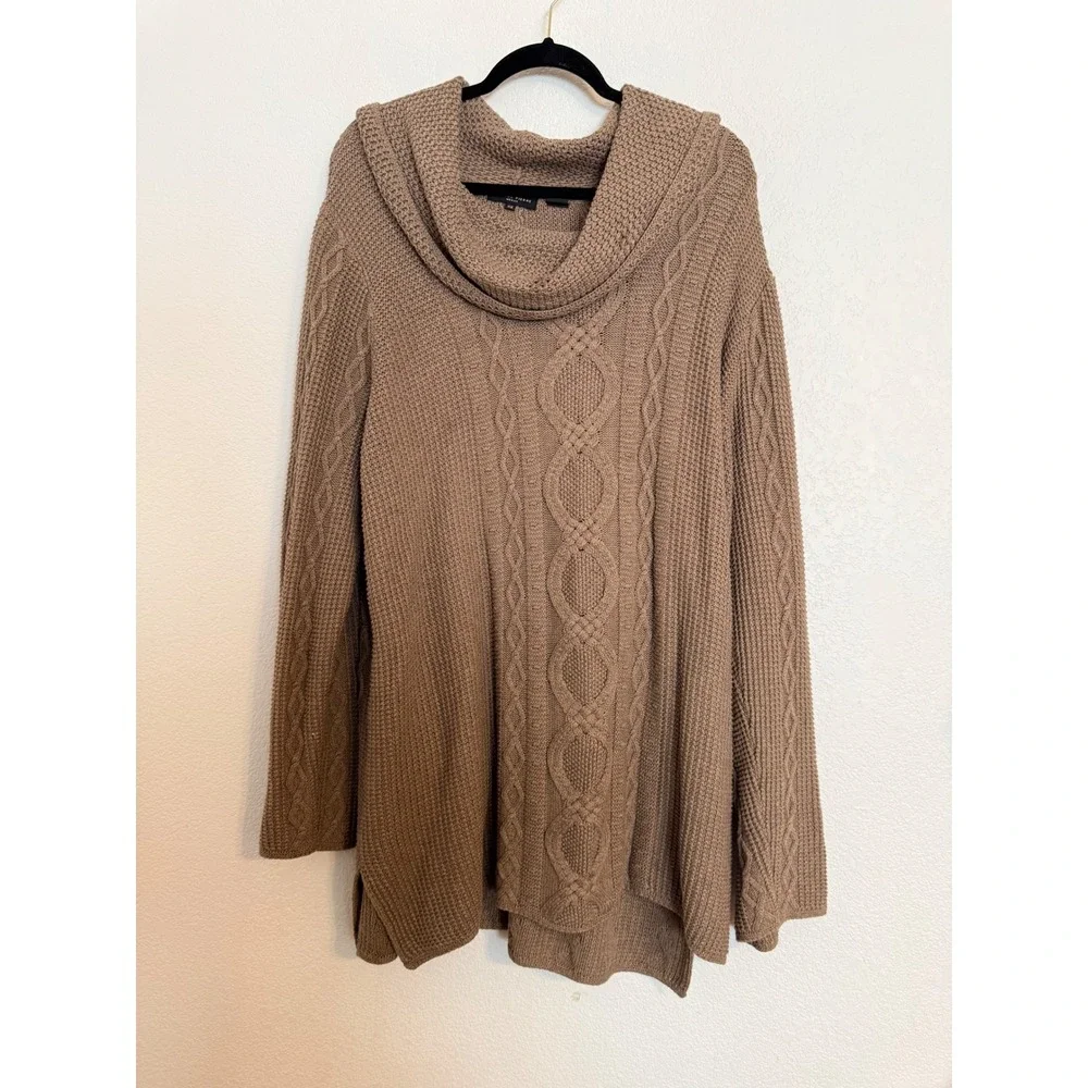 Jeanne Pierre Woman Taupe Brown 100% Cotton Cable Knit Cowl Neck Sweater 3X Plus